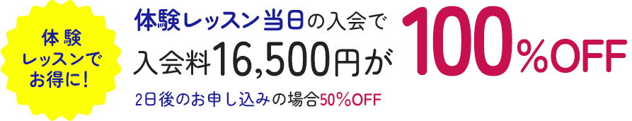体験レッスン当日の入会で入会料16,500円が100％OFF。2日後のお申し込みの場合50％OFF